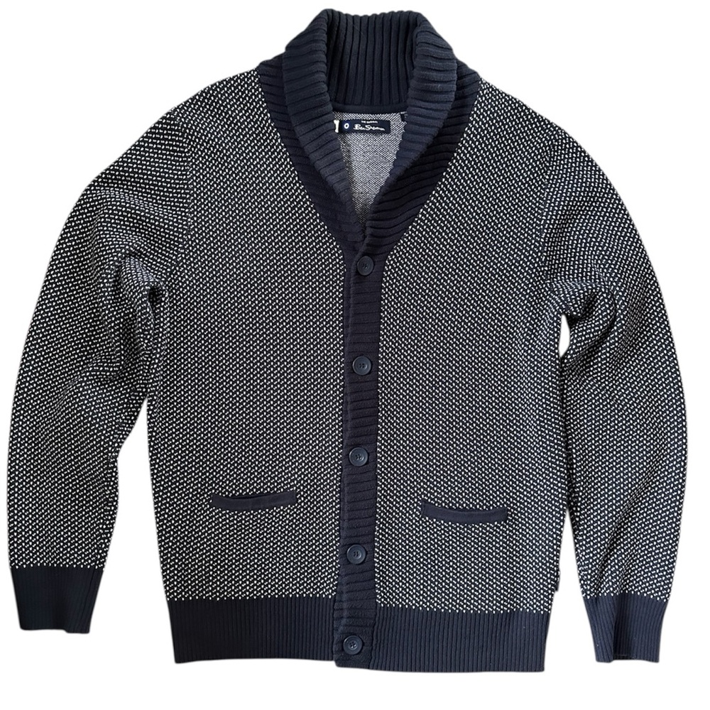BEN SHERMAN Navy and White Shawl Collar Cardigan Sweater